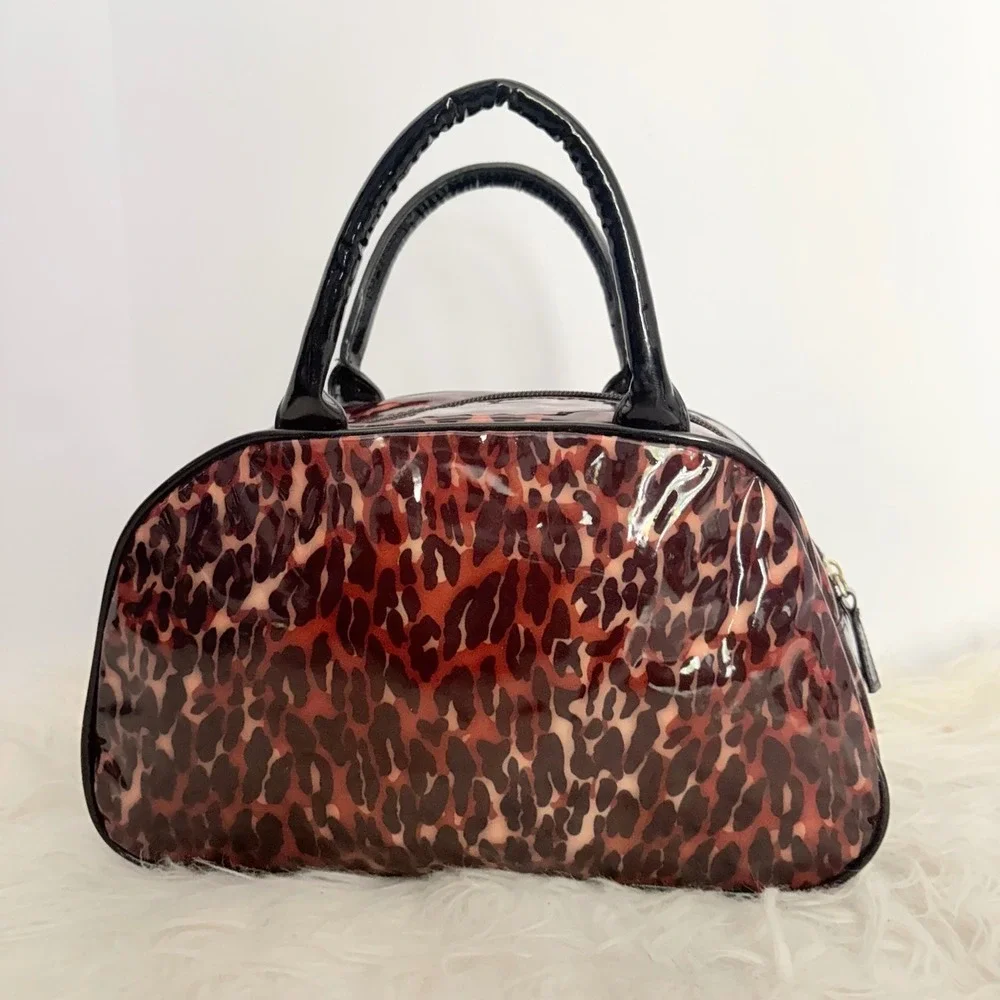 Betseyville Betsey Johnson Leopard Print PVC Mini Bowler Bag y2k Brown Black